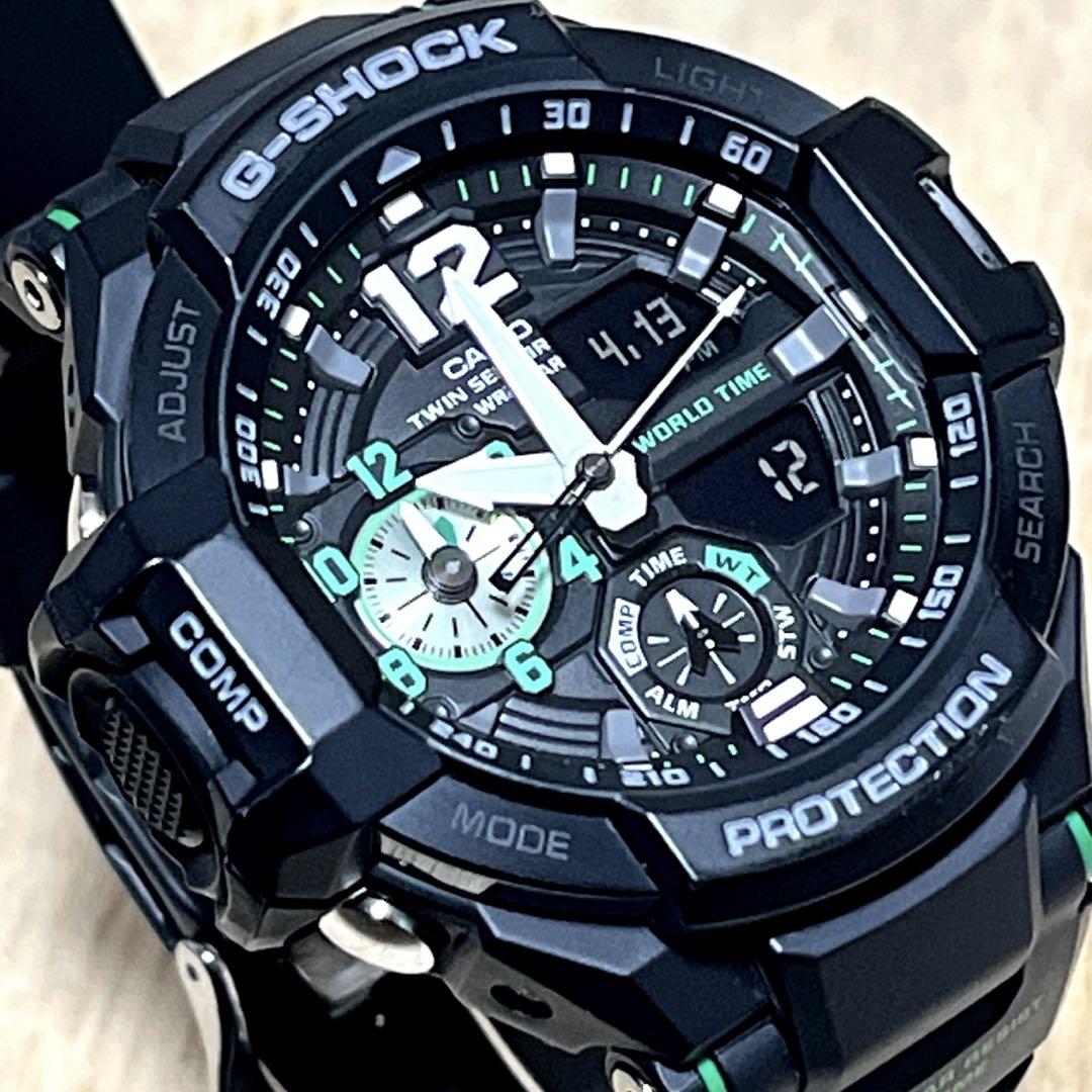 【良品】G-SHOCKグラビティマスターGA-1100アナデジブラック×グリーン