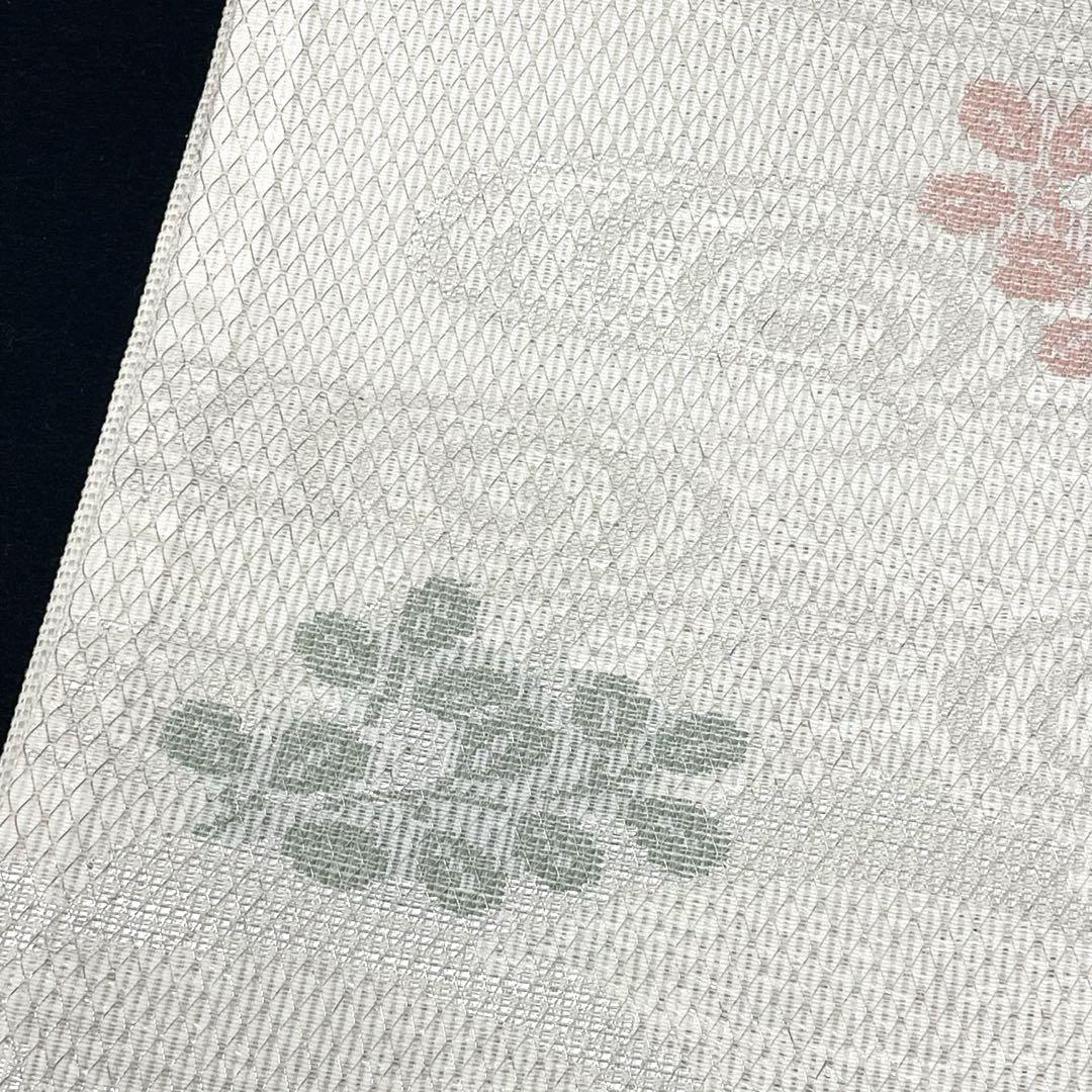名古屋帯/紗 】ポリエステル 白 雪芝 草花 流水 銀糸 夏物 夏帯