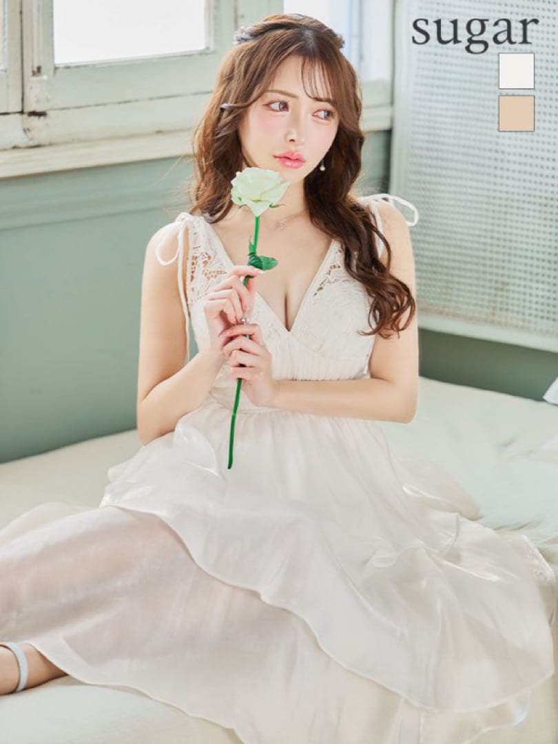 DEA. ディア ティアード シフォンレース キャバドレス ホワイト MM ROBE de FLEURS