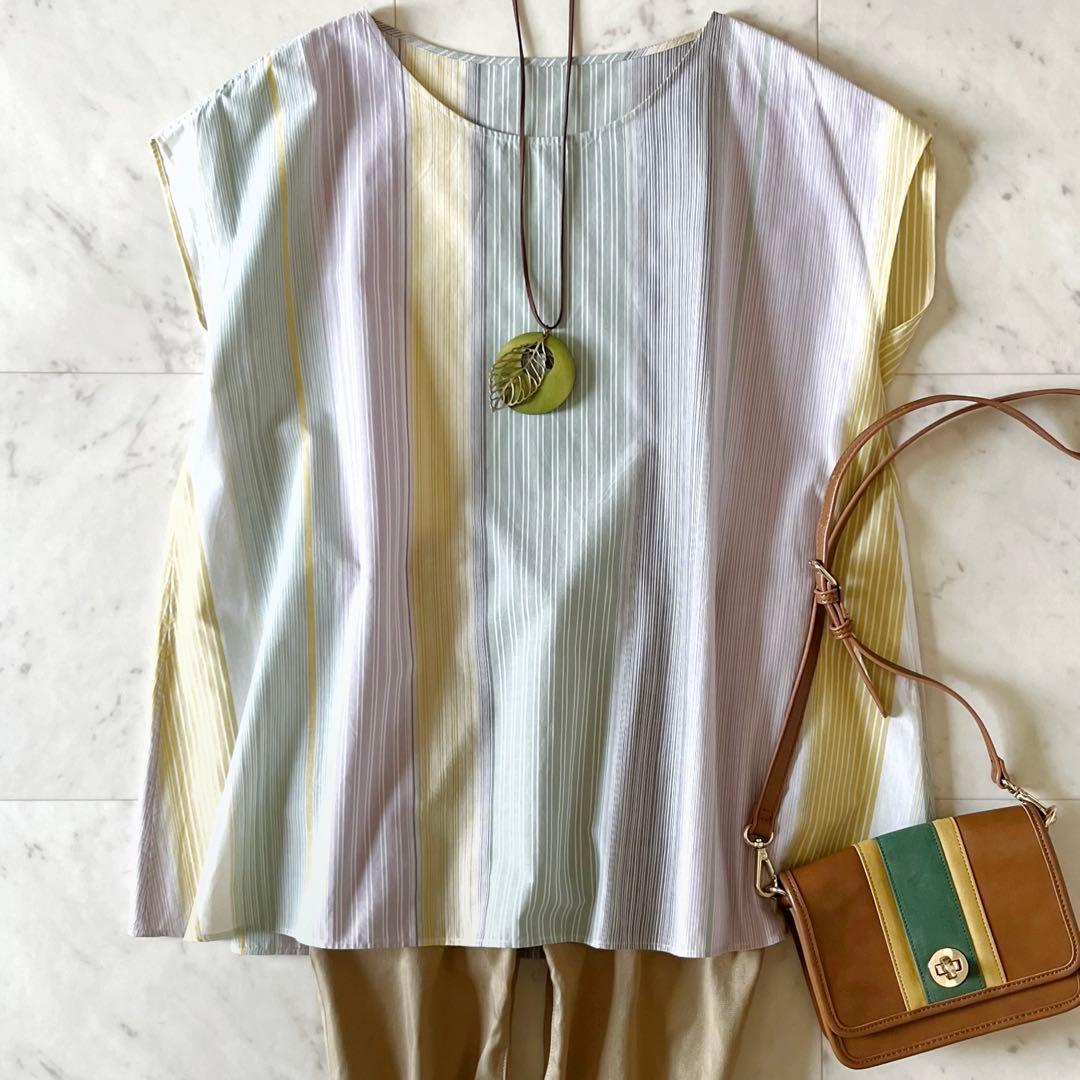 美品＊ヨーガンレール コットンフレンチスリーブブラウス M ストライプ ゆったり
