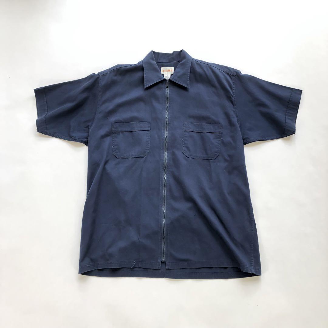 【レア】90s BEAMS ジップアップ シャツ ワークシャツ ネイビー
