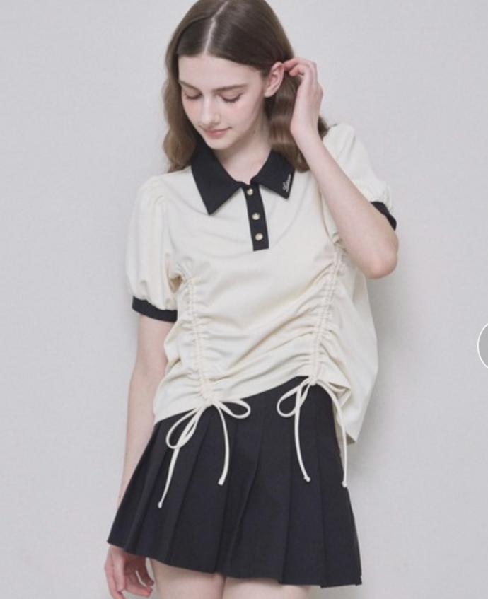 Lallana ギャザーリボンポロトップ　アイボリー　フリーサイズ　美品