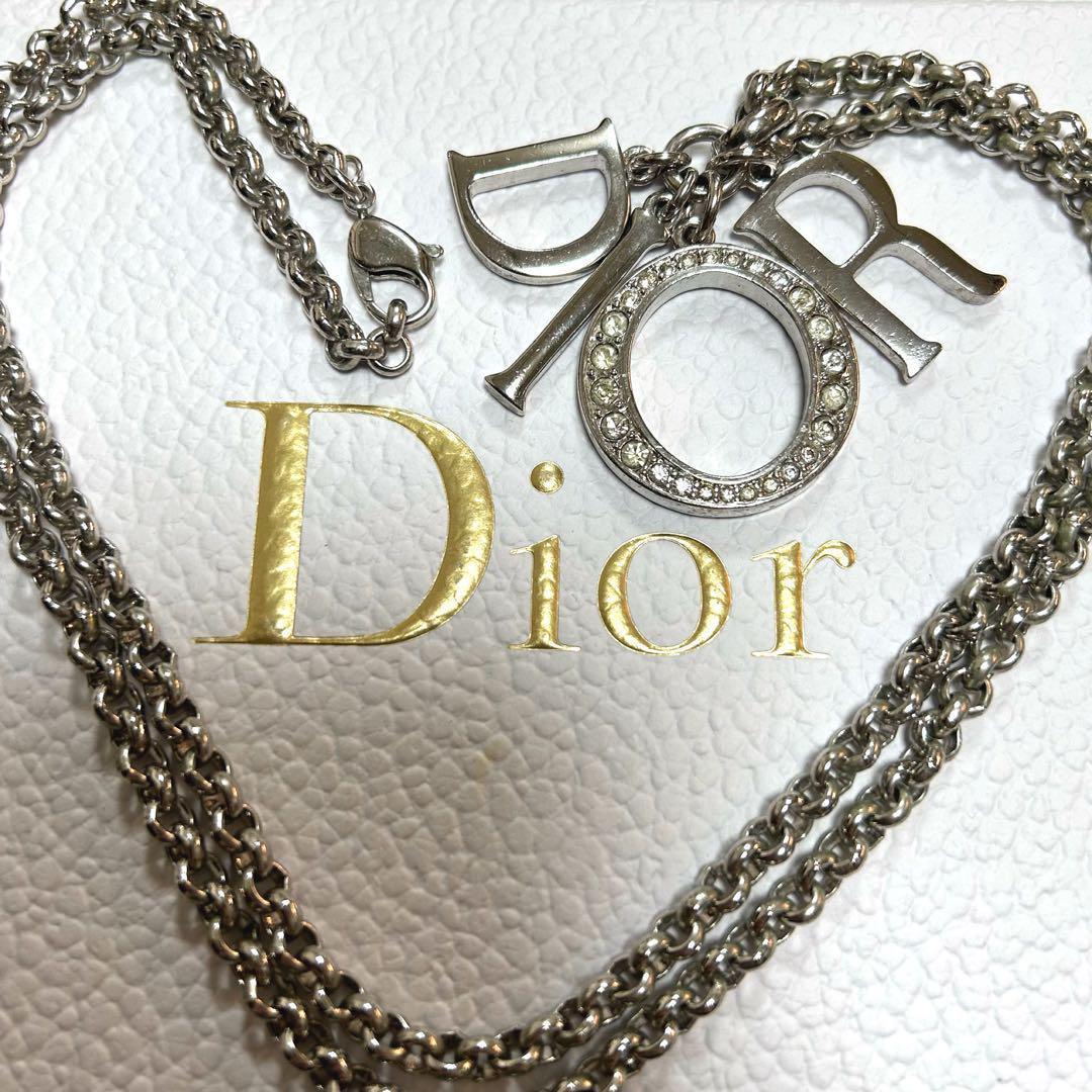 Christian Dior ラインストーン付き Diorロゴプレートネックレス