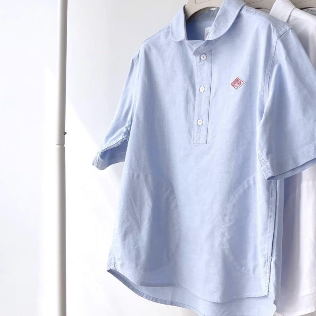 ダントン　DANTON シャツ　半袖　ブルー　コットン　丸襟　36