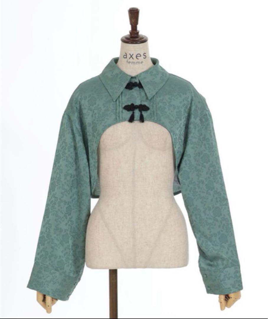 axes femme チャイナ釦付き ボレロ 風ブラウス グリーン