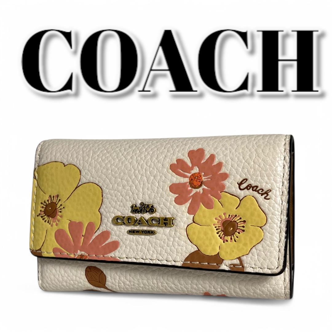 大人気新品 6連キーケース コーチ 美品 シグネチャー レザー 花柄 ブラウン 小物