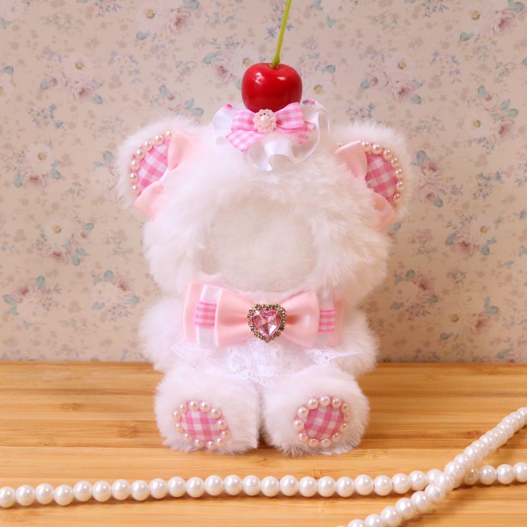 さくらんぼ乗せくまさん/10〜12cm.ピンクチェック︎おすわりぬい