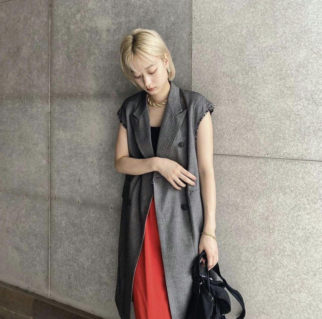 Ameri　HERRINGBONE LONG JACKET VEST