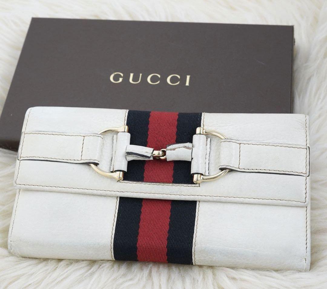 GUCCI グッチ　長財布　レザー　シェリーライン　ホースビット　白