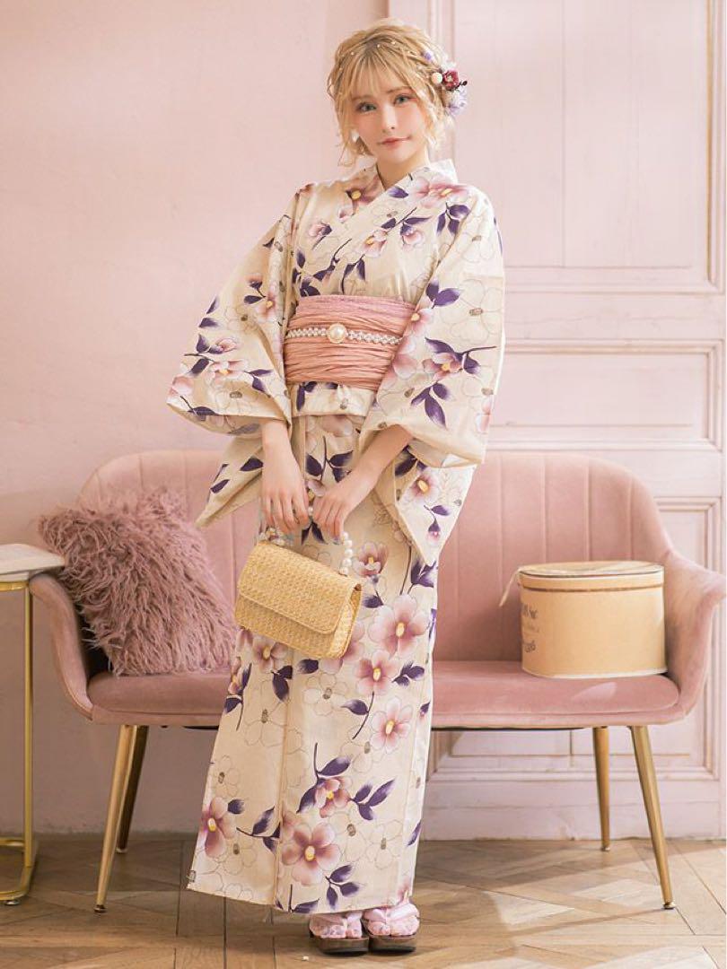 浴衣　SWEET ニュアンスカラー×華やか椿 3点セット　ゆかた・兵児帯・下駄 浴衣 SWEET ニュアンスカラー×華やか椿 3点セット ゆかた