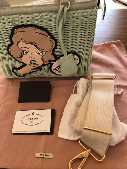 クケースあ 極美品 PRADA コミックかごバッグ ミントグリーン PGh9A-m28546801277 トグリーン