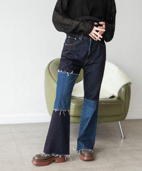 公式の JEANASIS パッチワークライクデニムフレアパンツ ジーナシス 旬新作続々入荷 ヌメロヴツントゥーノ N°21 レースワンピース 38 ネイビー ひざ丈ワンピース
