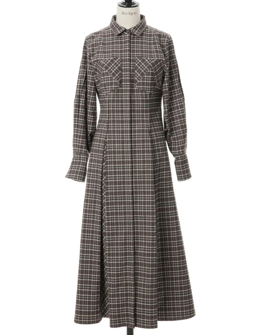 【SALE】 Checkered Pleats Long Shirt Dress ワンピース
