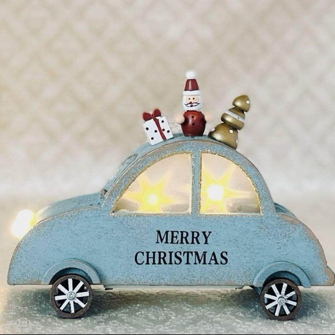 ハルモニア木製クリスマスオブジェLEDカー車ブルー