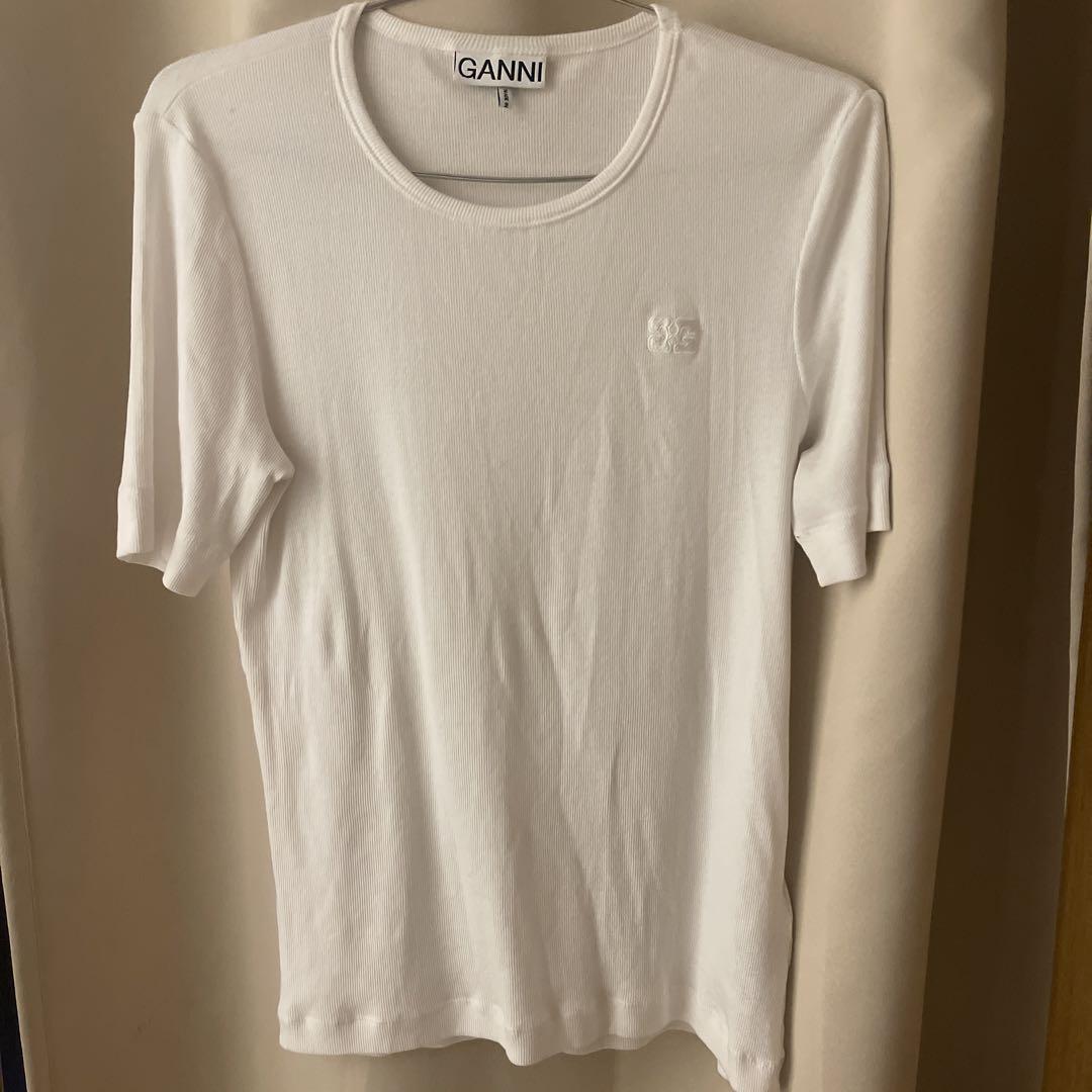GANNI ホワイト リブ半袖 Tシャツ L