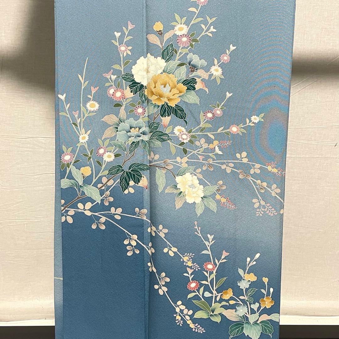 D759 訪問着　手描き友禅　牡丹　花模様　水色　正絹　着物　袷　極美品