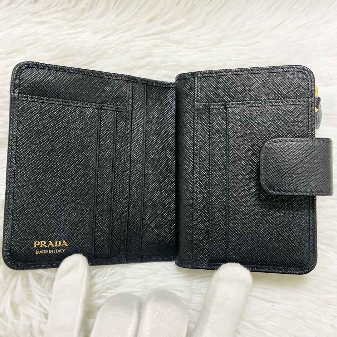 極美✨PRADA 二つ折り財布 サフィアーノ 三角ロゴ レザー ブラック