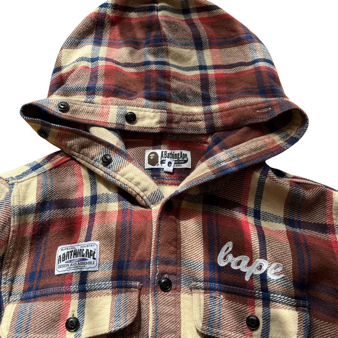 A BATHING APE チェック柄 フード付きネルシャツ Mサイズ