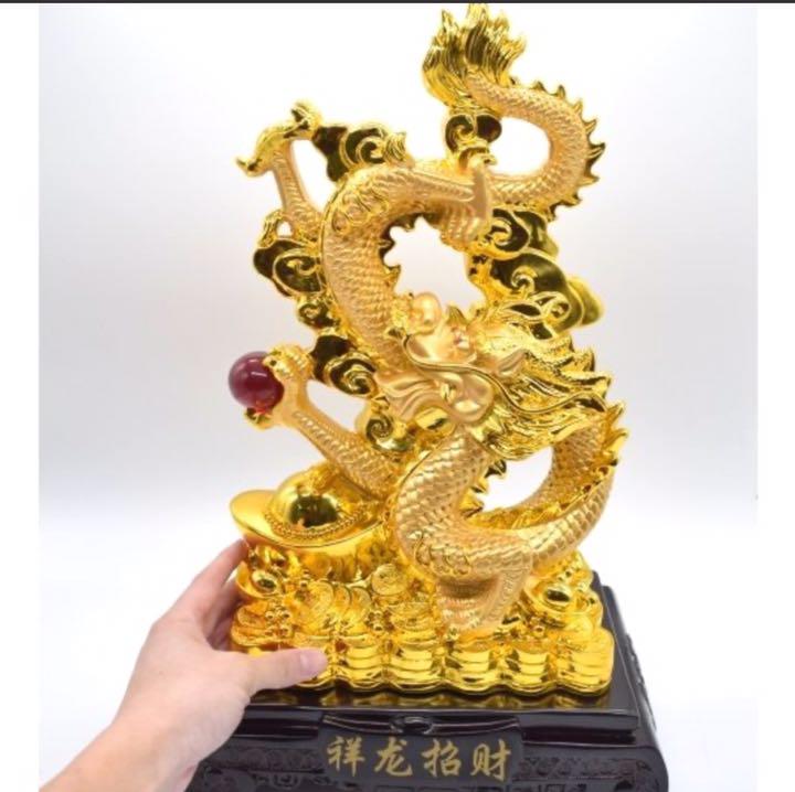 龍 金 8型 如意宝珠 重ね8 招財進宝 末広がり樹脂製置物 台座付き 48cm