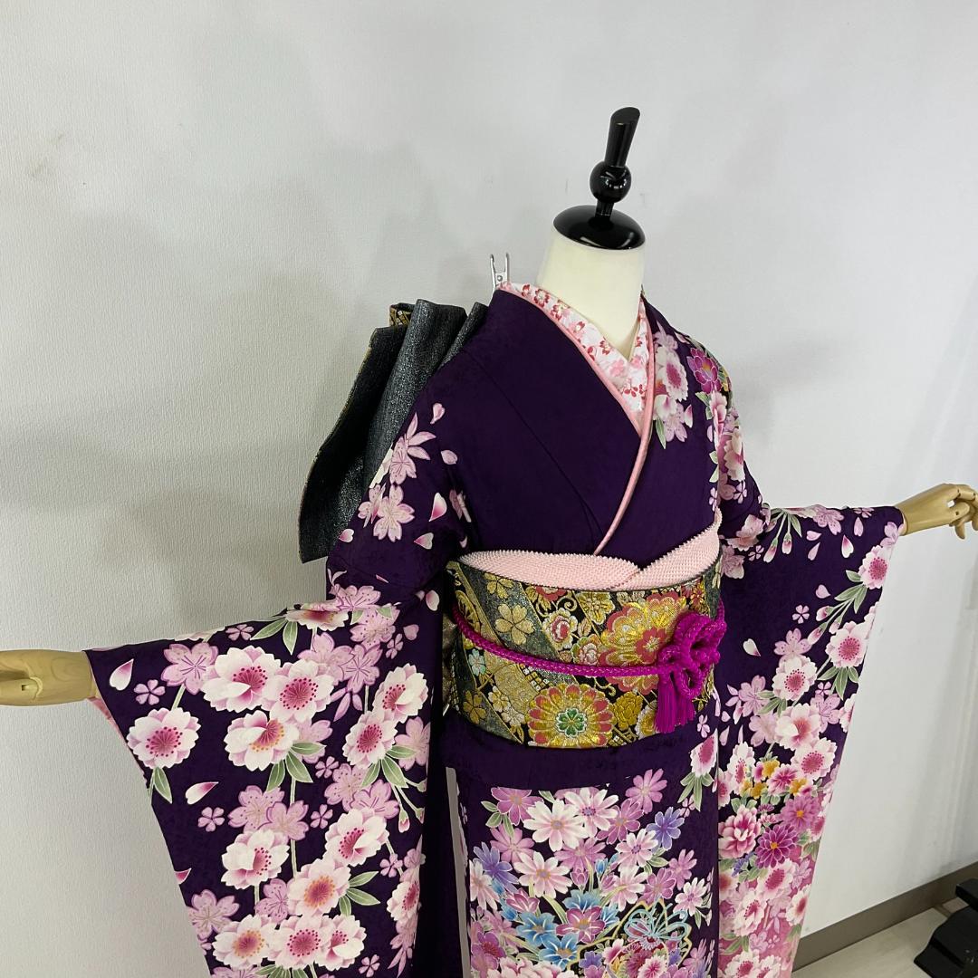 美品　正絹お振袖　7点フルセット　M～Lサイズ　紫　ふんわり系
