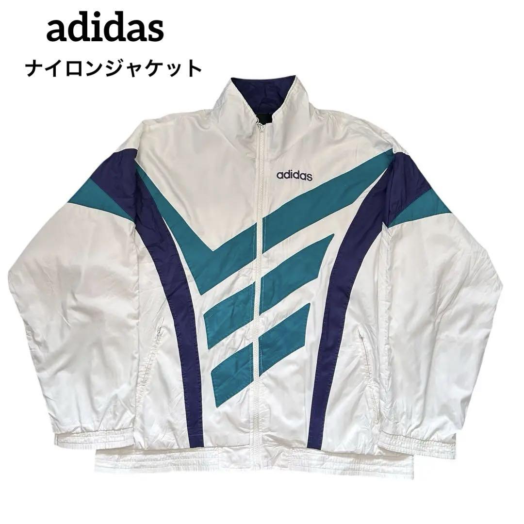90年代adidasナイロンジャケット万国旗タグ刺繍ロゴホワイトスポーツmix