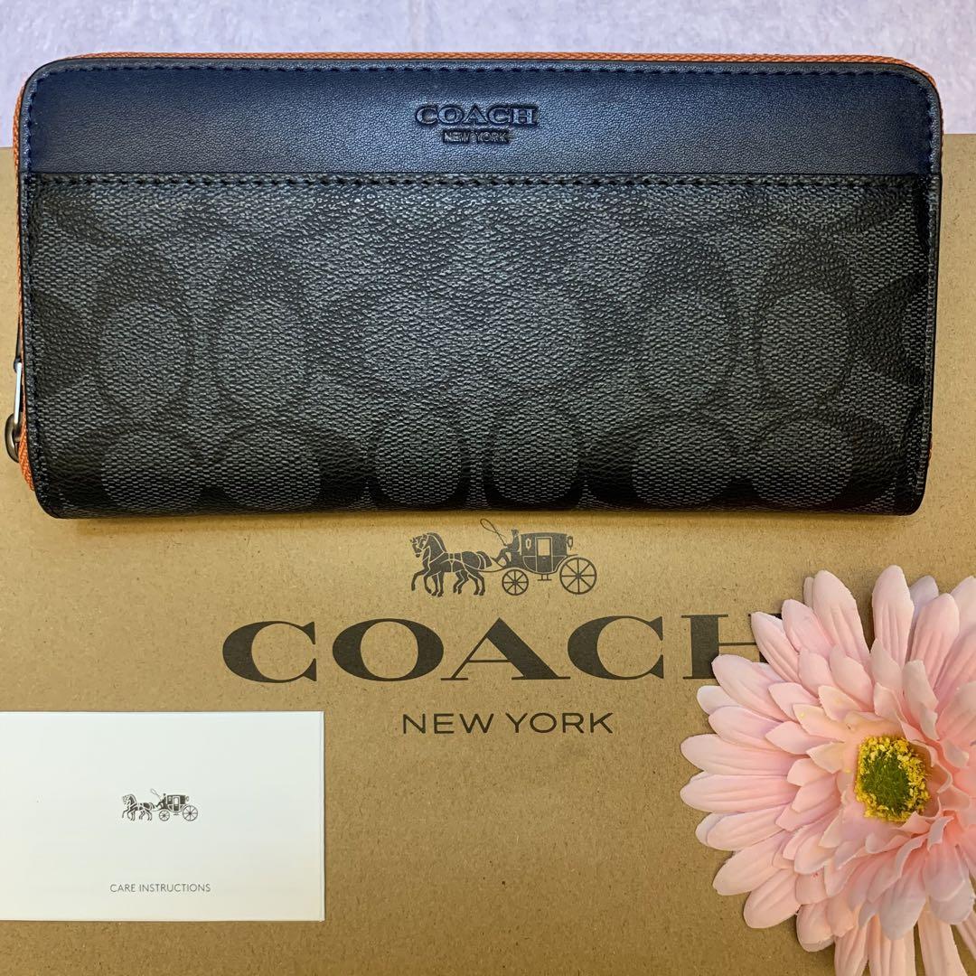 COACH コーチ　長財布　ネイビーオレンジシグネチャー　新品　アウトレット