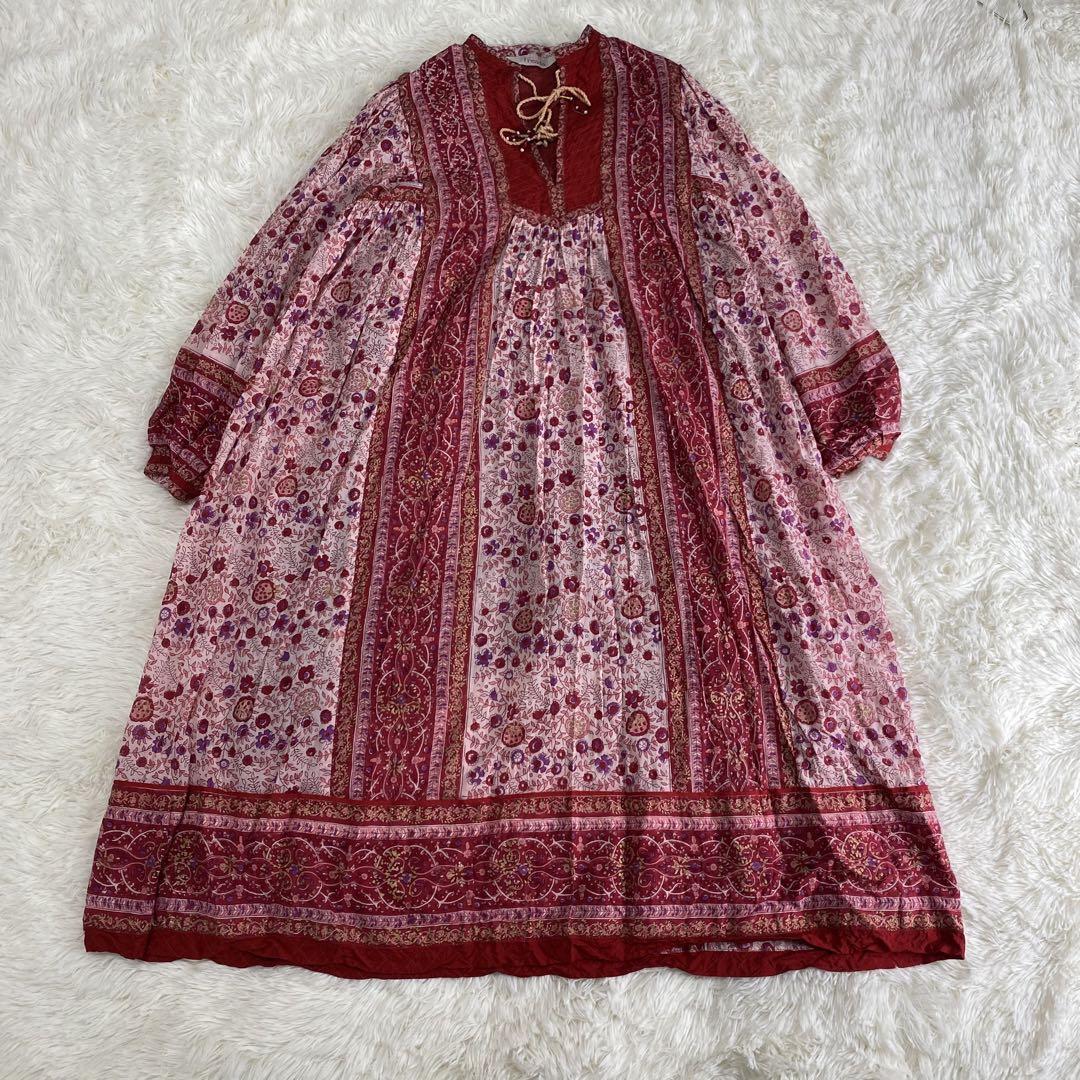 美品　フリーダ　21SS ロング　ワンピース　花柄　インド綿　フリンジ　赤