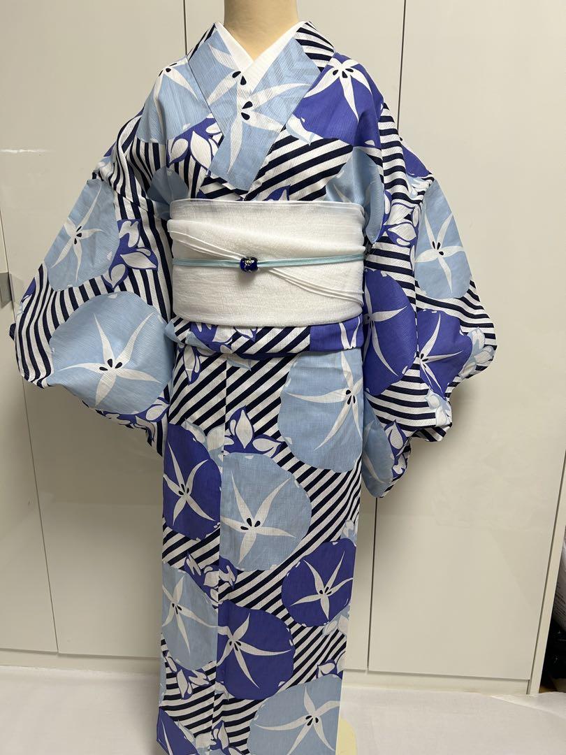 ゆかた　浴衣　LLサイズ　朝顔　LLサイズ　綿85% 麻15% 綿麻