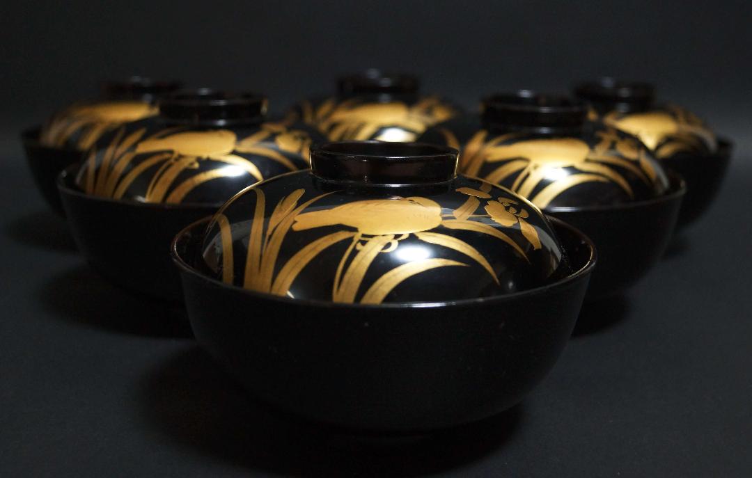 ディズニープリンセスのベビーグッズも大集合 大正昭和初期 輪島塗 金蒔絵『菖蒲鳥蝶々文』吸物椀(六客)木製漆 工芸品