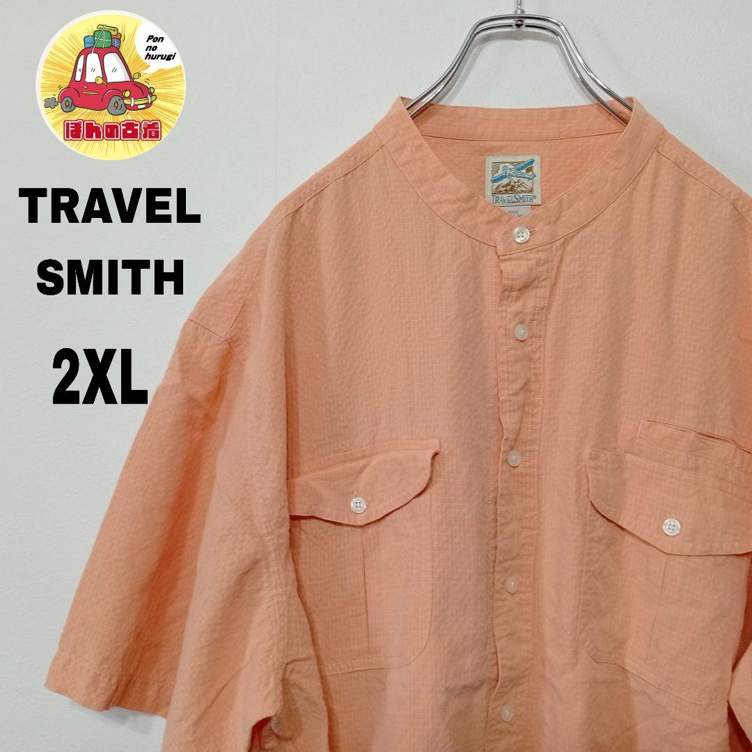USA古着 TRAVEL SMITH　半袖ボタンシャツ2XL　オレンジイエロー