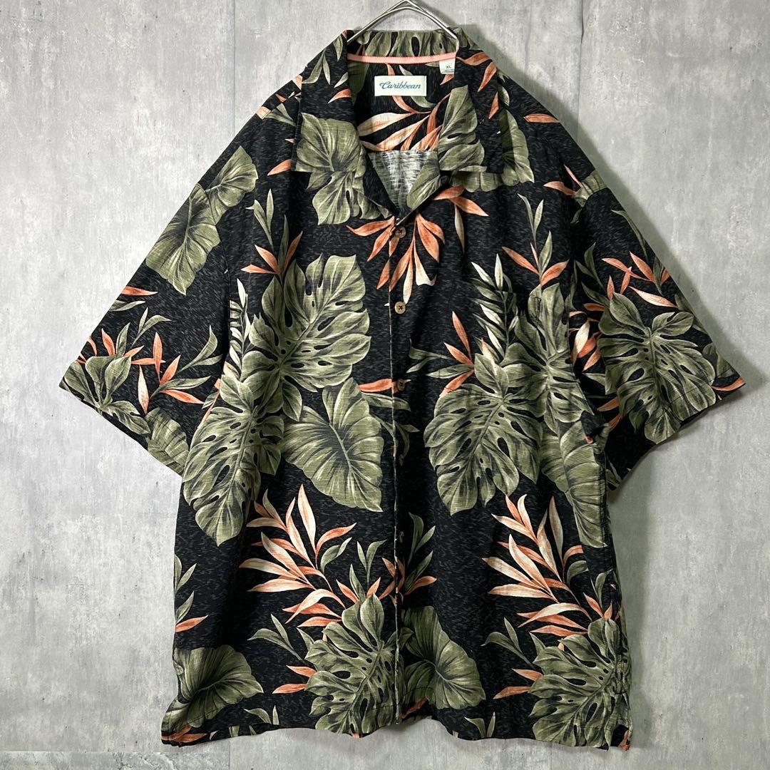 シルク100％ アロハシャツ オープンカラー 黒 XL 木ボタン