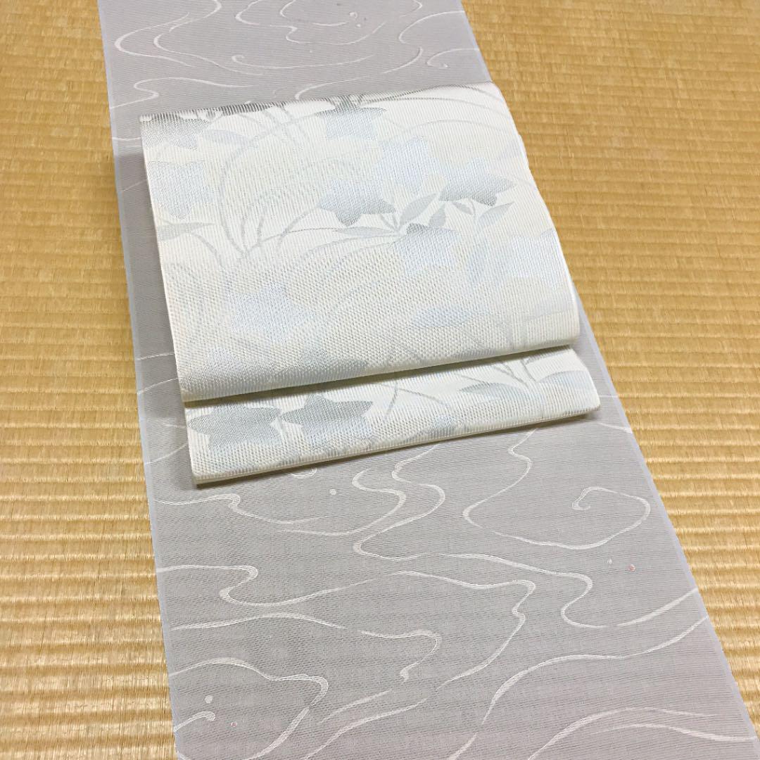 紫絋謹製】 正絹 経絽 夏八寸名古屋帯 六通 桔梗柄 新品