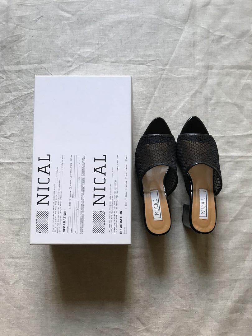 NICAL ニカル サンダル S 黒 チュール メッシュ チャンキーヒール