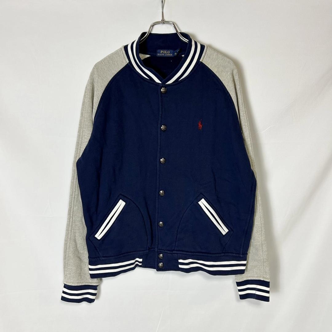 ポロ ラルフローレン スウェット スタジャン ジャケット ネイビー×グレー L