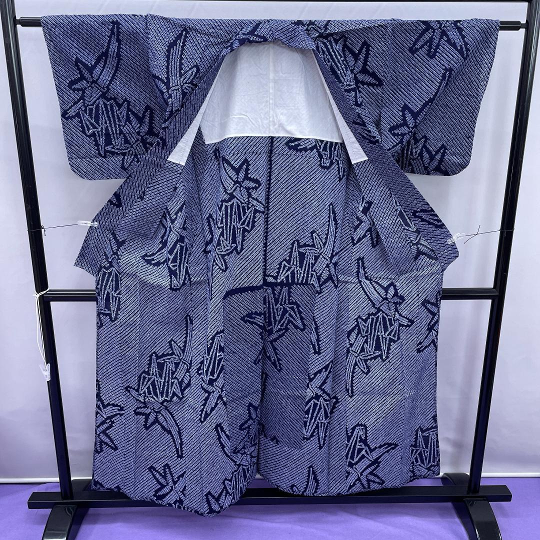 Y★2896★ 浴衣 夏着物 ゆかた 絞り染め 濃紺 折り鶴 Y★2896★ 浴衣 夏着物 ゆかた 絞り染め 濃紺 折り鶴