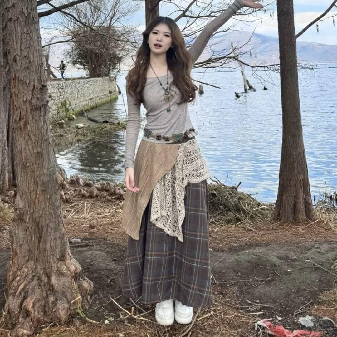 レディースチェック柄ロングスカート　秋色　普段使いに最適