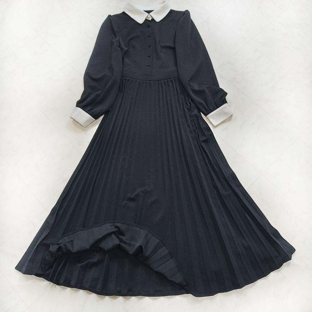 極美品　JUNOAH ジュノア　ロングプリーツワンピース　黒　白襟　M