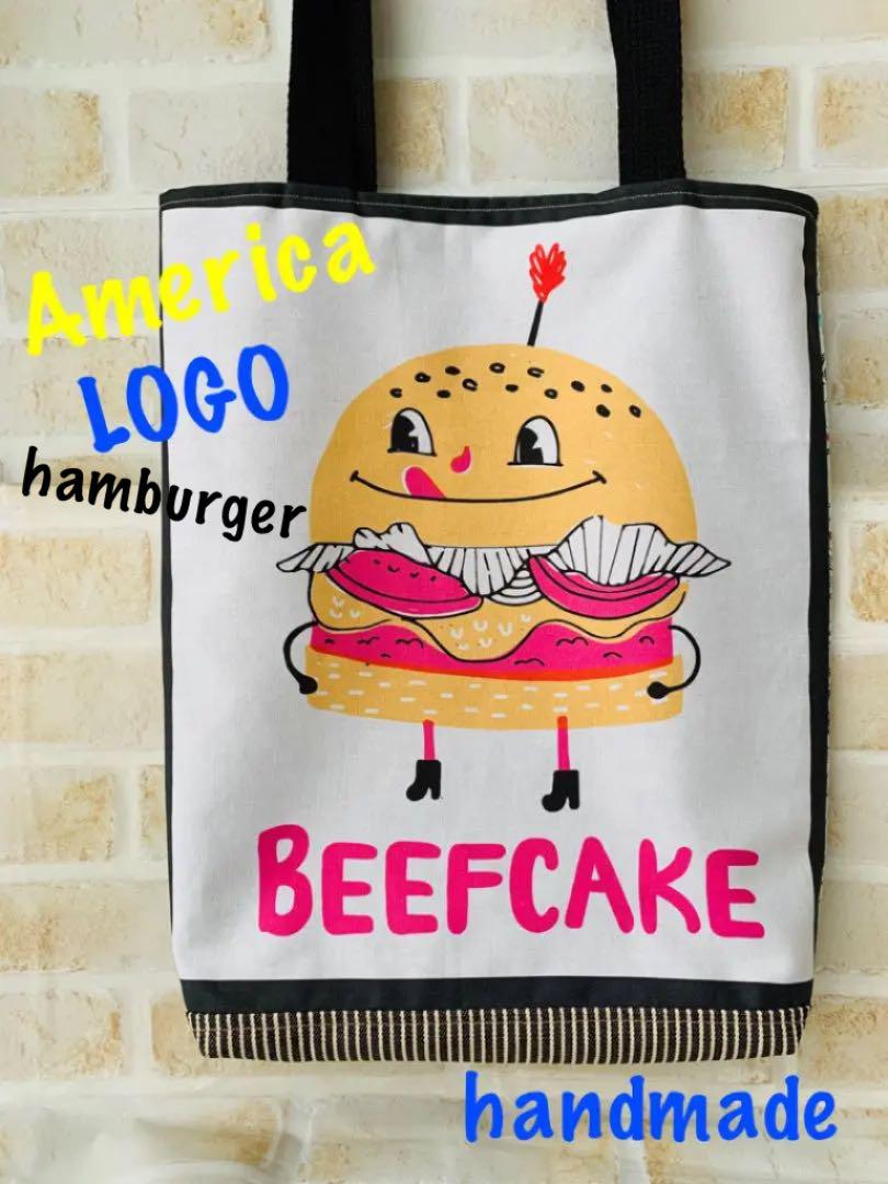非売品 ハンドメイド トートバッグ ハンバーガー柄 キャラクター 外出用品 非売品 ハンドメイド トートバッグ ハンバーガー柄 キャラクター 外出用品