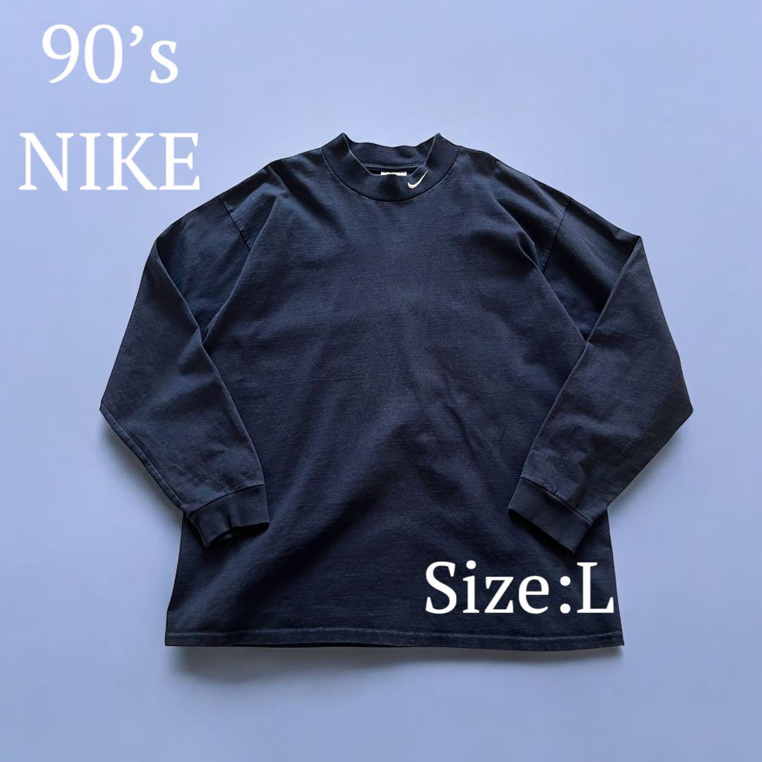 90‘s NIKE モックネック ヘビーコットン長袖Tシャツ 首ロゴ 刺繍L