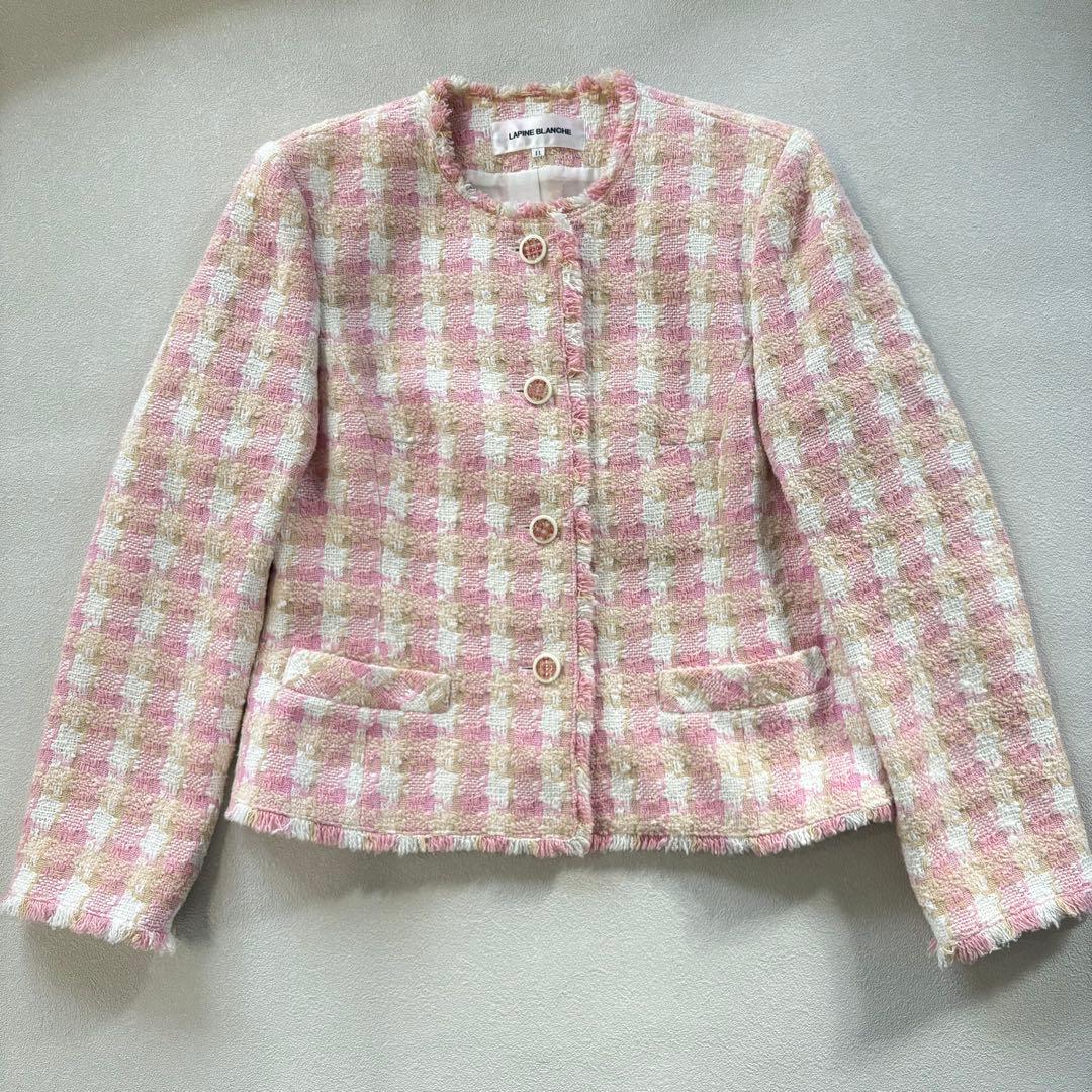 美品✨ ラピーヌ ブランシュ ツイードジャケット ノーカラー ピンク 美品✨ ラピーヌ ブランシュ ツイードジャケット ノーカラー ピンク