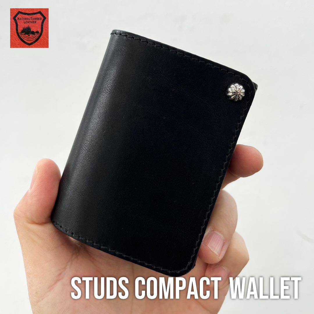 栃木レザー コンパクト財布 二つ折り財布 スタッズ財布 ミニ財布 【新品】 黒