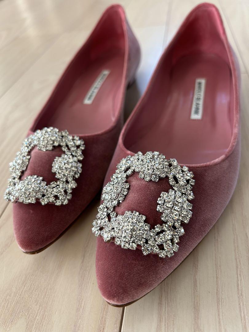MANOLO BLAHNIK ピンク ベルベット フラットシューズ