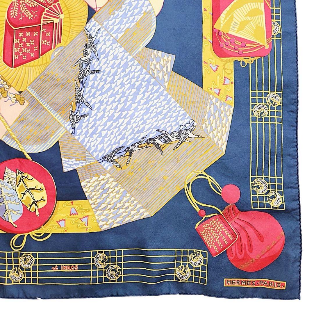 【良品】エルメス スカーフ カレ90《キモノと印籠》着物 扇子 シルク100%