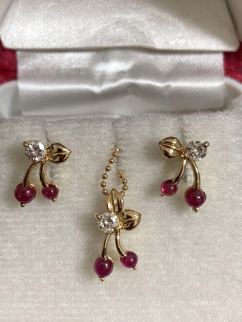 K18 ダイヤ 0.3ct ルビー チェリー さくらんぼ ピアス ネックレス