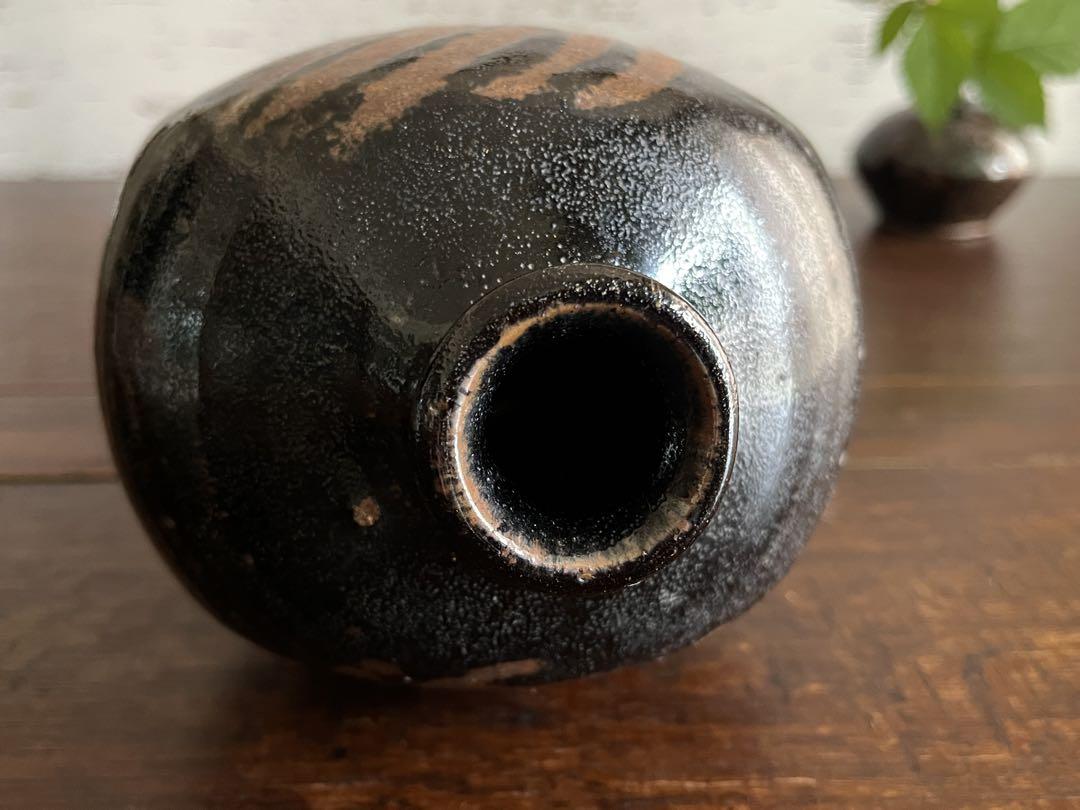 民藝　古作　黒釉指描　壺　花器