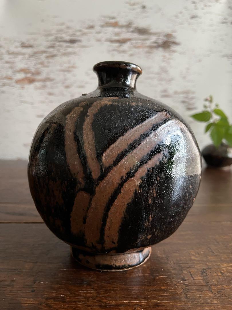 民藝　古作　黒釉指描　壺　花器