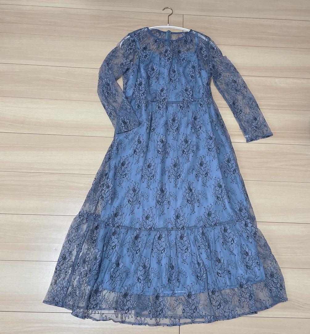 美品⭐️kaene 総レース　フレアワンピース　くすみブルー　キャミソール付き 5,160円