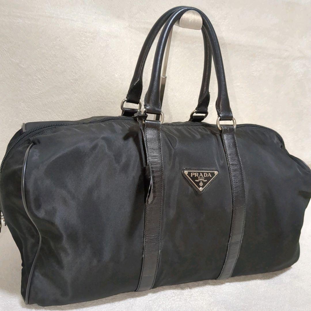 大容量 PRADA ボストンバッグ サフィアーノレザー 三角ロゴ ブラック