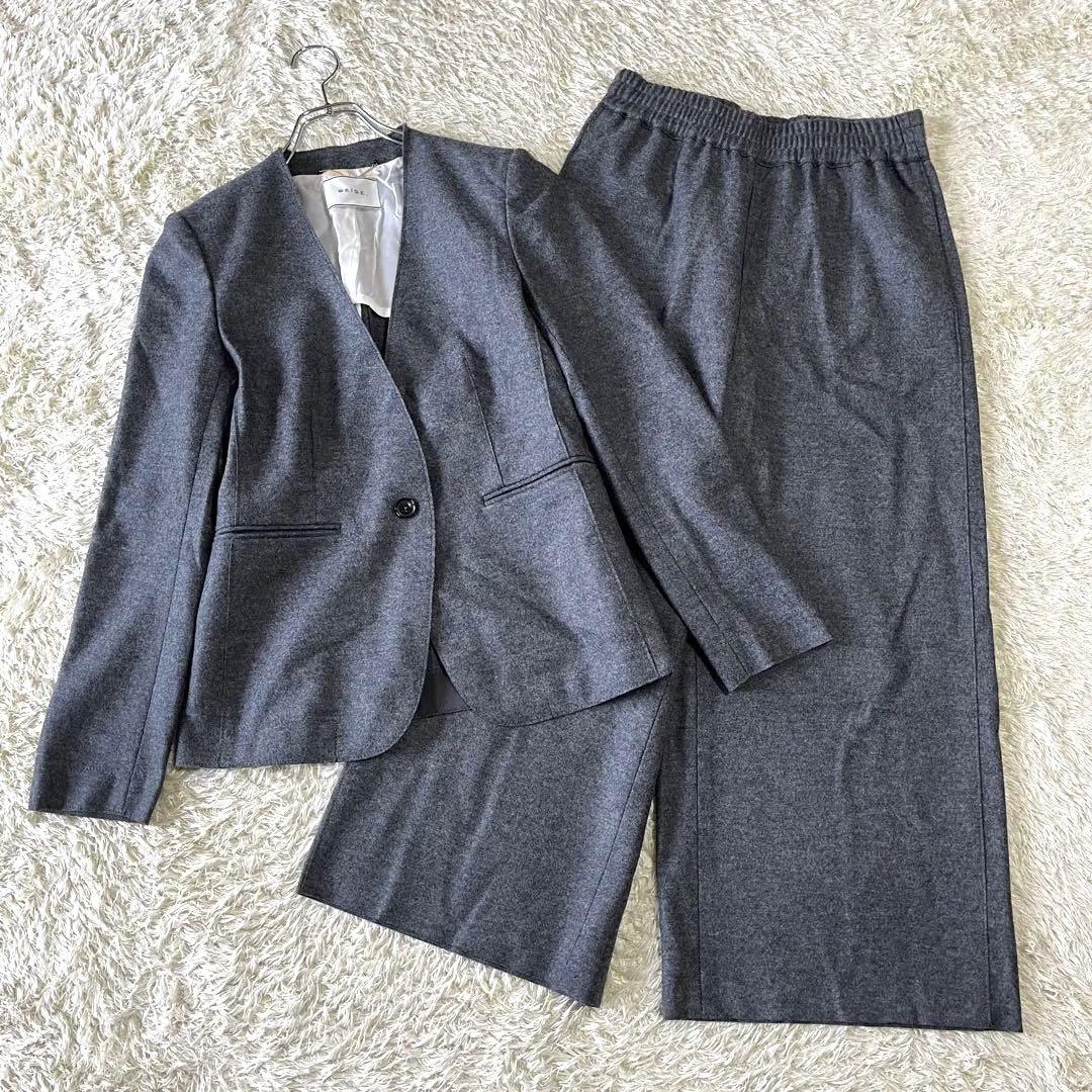 BEIGE, スーツ L ノーカラー ワイドパンツ ウール セットアップ BEIGE, スーツ L ノーカラー ワイドパンツ ウール セットアップ