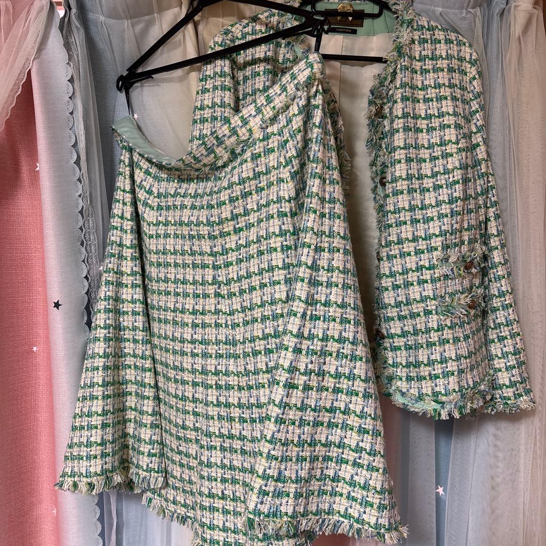 緑系ツイードスカートセットアップXL(LL)・INED